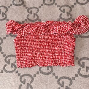 Zara Red Gingham Smocked Off-Shoulder Crop Top
